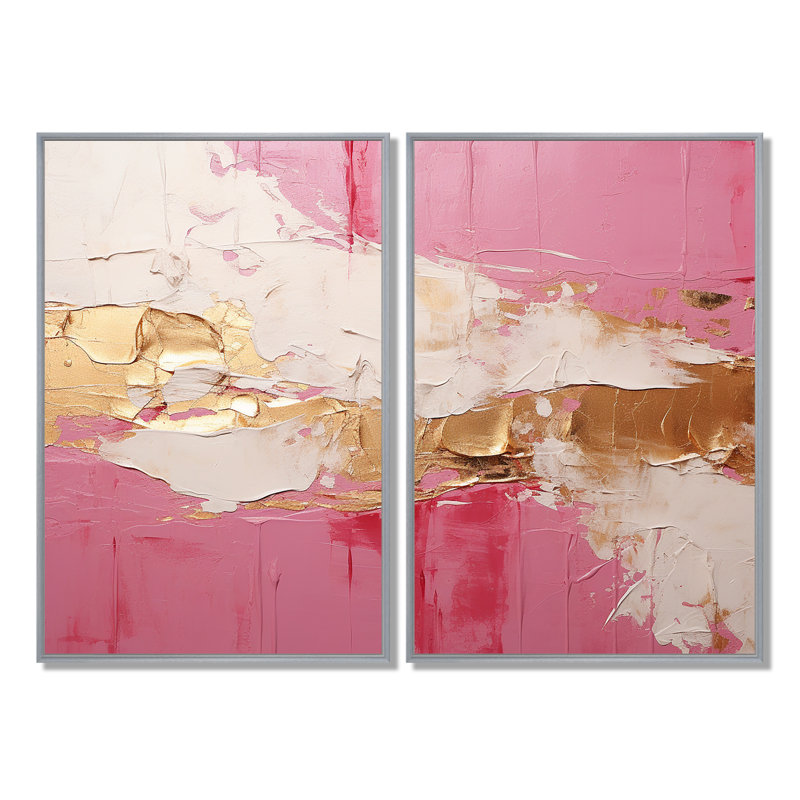 Minimalisme, horizon rose et doré I - art mural moderne, H 36 po x l 48 po, Impression encadrée flottante, Argent argent