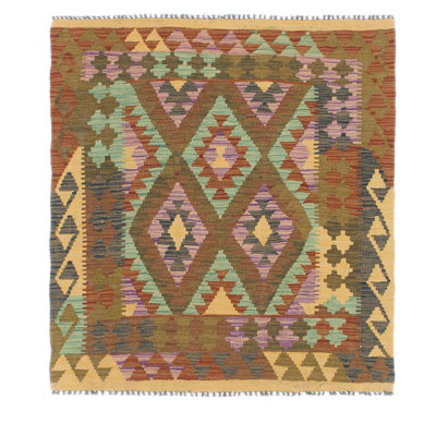 Tapis de zone en laine brun/bleu 3 pi 6 po x 3 pi en laine one-of-kind-noué la main Lorain
