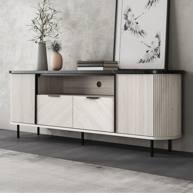 Moderne 68 po avec rangement et tablettes pour téléviseur de 75 po ou moins, meuble audio-vidéo, sable blanc