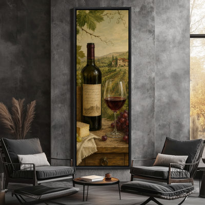 «Vintage Wine Bottle Vineyard Landscape Raisins And Glass Rustic Kitchen Wall Decor - Large encadrée, impression sur toile, chambre à coucher principale