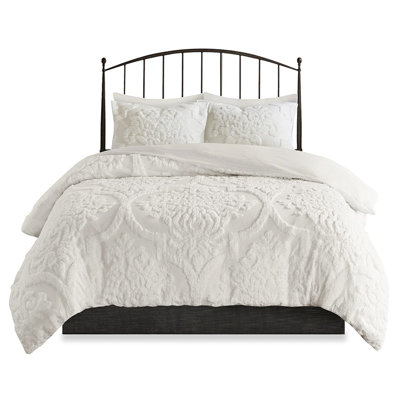 Housse de couette très grand / très grand 3 pièces, en chenille de coton, en blanc, 2 taies décoratives, fermeture à boutons, attaches de coin, lavable à la machine, pièces de literie au design élégant, aspect agréable
