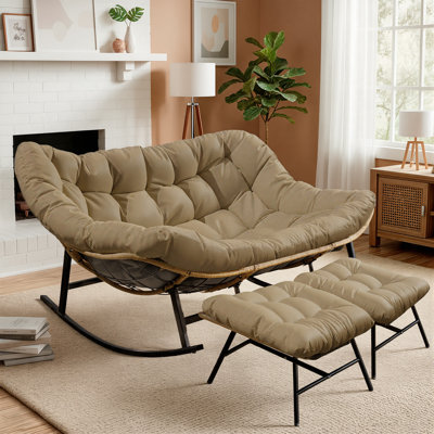 Oversized Cushioned Double Papasan Rocking Chair with 2 Ottomans and Thick Cushion
