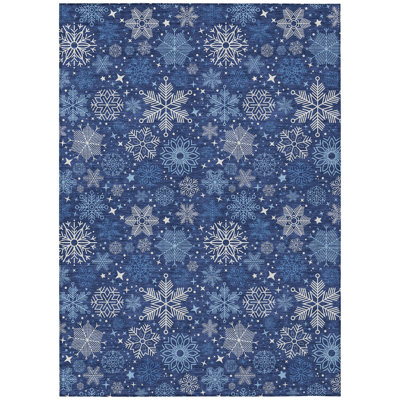 Machine Washable Indoor/Outdoor Christmas Snowflake Xhevrie Navy Rug