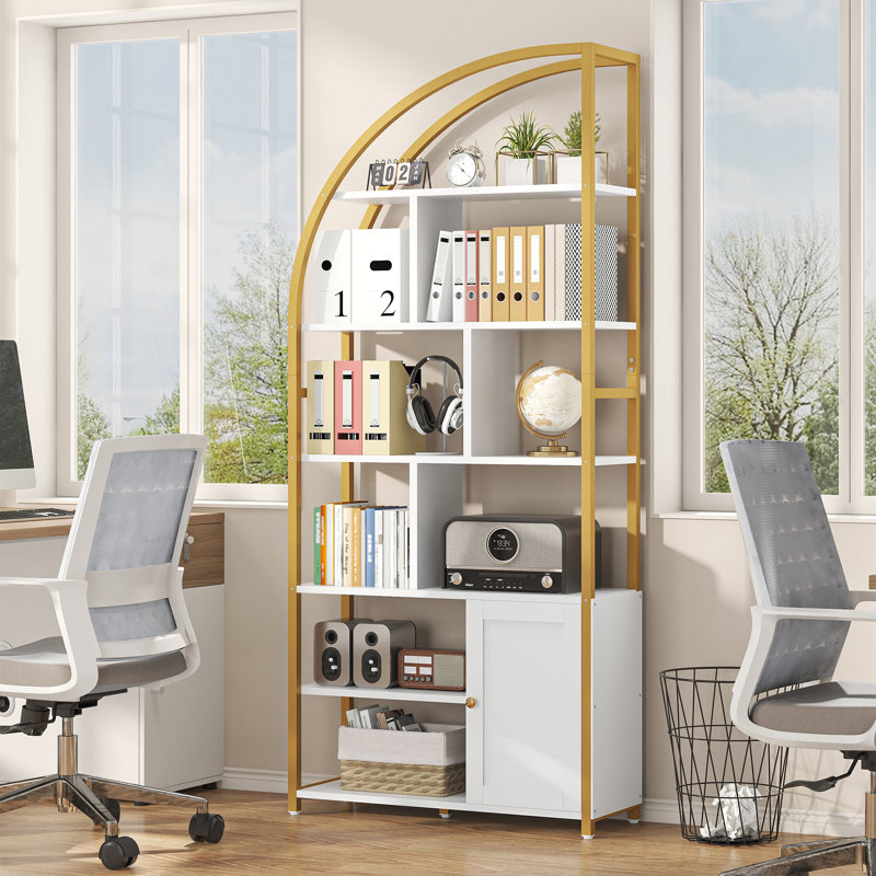 Industrial Bookcase, 71.1" Tall 6-tier Bookshelf With Storage Cabinet & 9 Open Shelves, Freestanding Display Rack For Living Room, White And Gold