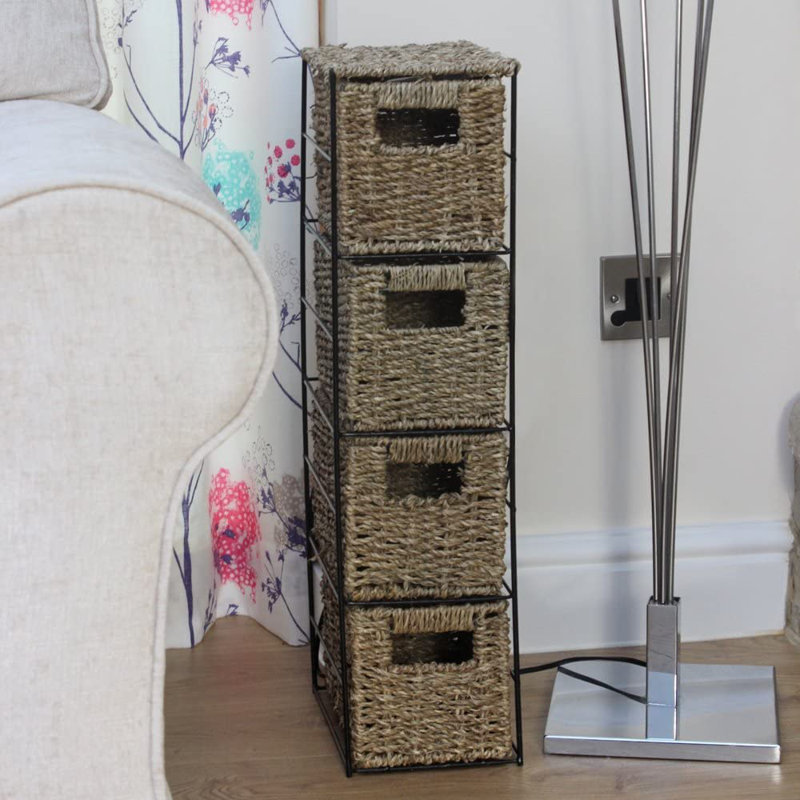Bacote Seagrass Woven 4 Drawer Storage Tower Unit For Home, Office Furniture Basket Shelf