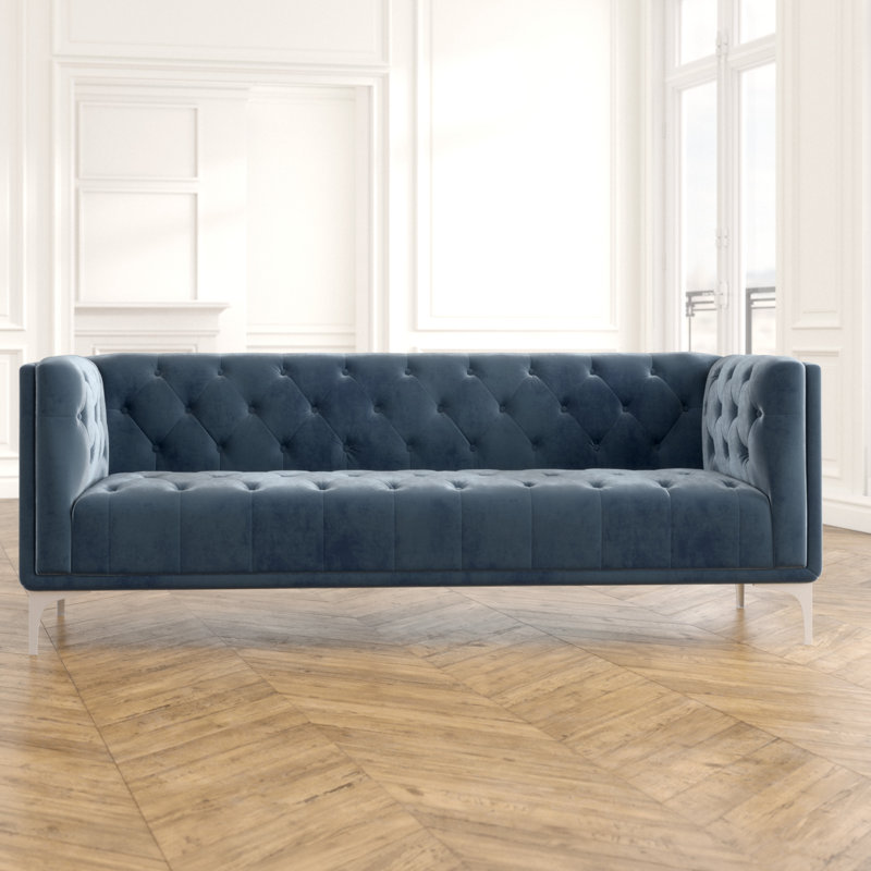 Pale Mauve Tufted Velvet Tuxedo Arm Sofa with Down Fill
