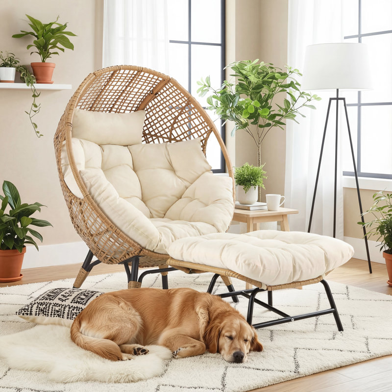 Indoor/Outdoor Wicker Egg Chair with Ottoman, 6.5'' Thick Cushions, 440-lb Capacity Patio Lounge Chair, Beige