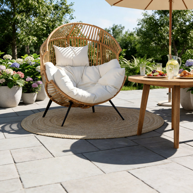 Oversized Rattan Egg-Shaped Chair With Comfortable Cushions. Suitable For Indoor Use In Living Rooms, Bedrooms, Balconies, Patios, And Outdoors. Light Brown.
