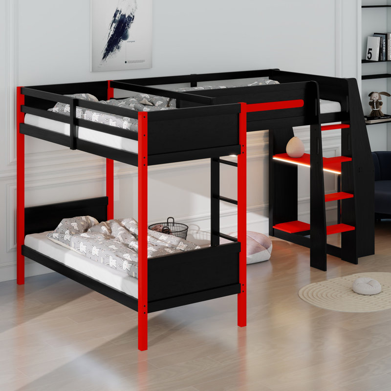 Lit superposé en L avec lit mezzanine, bureau intégré, tablettes et DEL