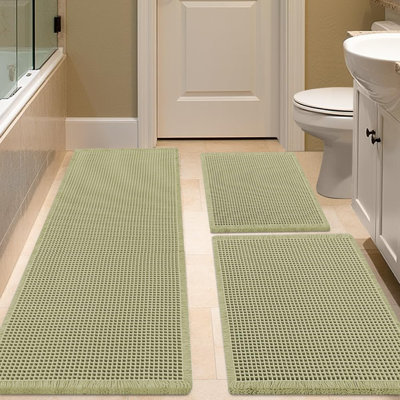 Waffle Bath Mat Set 3 Piece Green,Woven Modern Bath Rug Mats, Absorbent Non Slip Bath Floor Mat, Soft Washable Boho Bath Rugs with Tassels for Bathroom, Bedroom, Kitchen, Tub