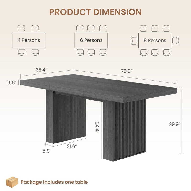 Table de salle à manger 70,8 "pour 6-10 avec rangement, table de cuisine rectangulaire moderne avec pieds cannelés, Gris