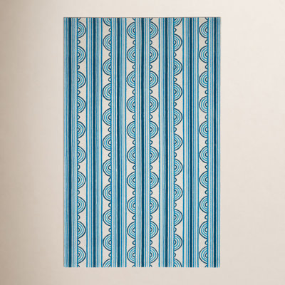 Button Blue Hand-Hooked Striped Wool Rug