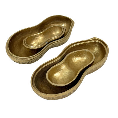 Eclectic gold peanut decorative boxes in textured cast aluminum, set of 2, 6.5 inches wide