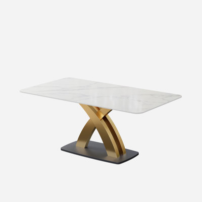 Toome Contemporary White Rectangular Sintered Stone Dining Table X-Base Dinner Table by Everly Quinn