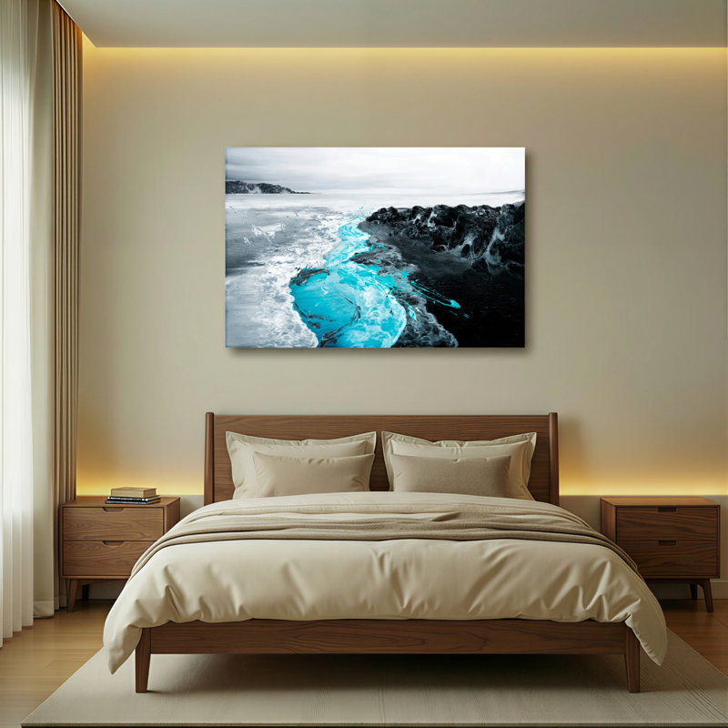 Ensemble de 1 tableau abstrait représentant une vague océanique bleue et noire, H 12 po x l 18 po