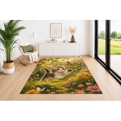 "Ultra Lightweight" 5'x7' Cute Kitten Butterfly Area Rug, Soft Low Pile Non-Slip Indoor Carpet with Floral Cat Design for Living Room, Bedroom, Office, Dining Room