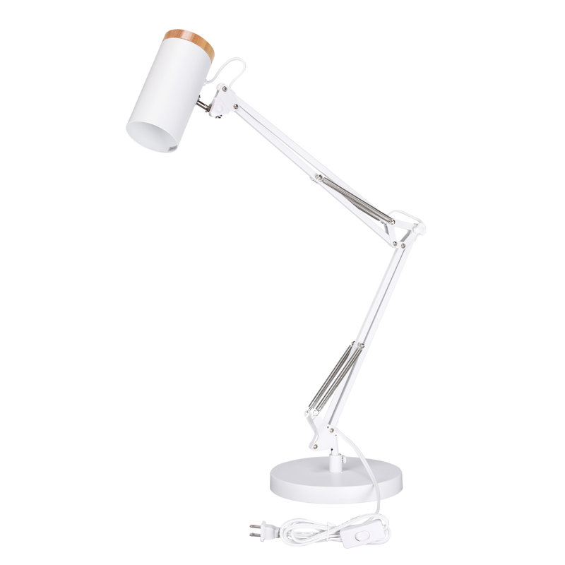 Swing Arm Table Lamp, Large Size Height 29.7", Adjustable Metal Desk Light With Wooden Accent, White