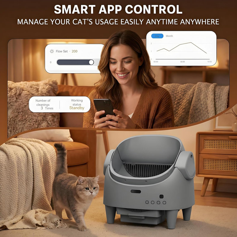 Bac à litière automatique autonettoyant pour chat avec conception à couvercle ouvert, bac à litière électrique pour plusieurs chats contrôlé par l'application, hauteur d'entrée réglable, système de sécurité multi-capteurs, comprend 1 sac poubelle