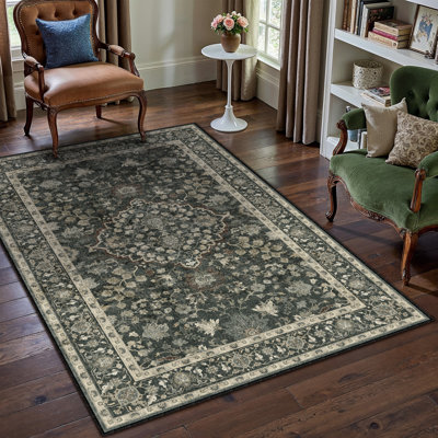 Machine Washable Floral Area Rug With Non-Slip Backing
