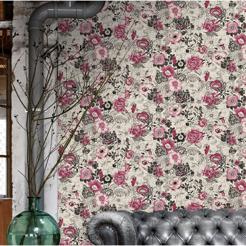 Rouleau de papier peint floral L 33 pi x l 20,5 po Hammond, Rose / Brun