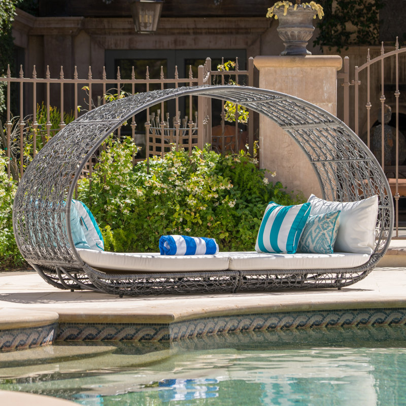 Lavina 91.25'' Wide Curved Premium All-Weather Wicker Patio Daybed with Cushions, Gray