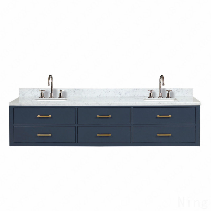 Ensemble de meuble-lavabo double 84 po x P 22 po avec plateau en marbre de Carrare et robinet