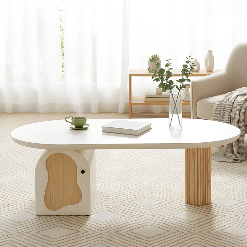 Table basse ovale moderne de 47,2 po, table basse en bois crème avec armoire et pieds Boll pour le salon, le bureau personnel et l’appartement