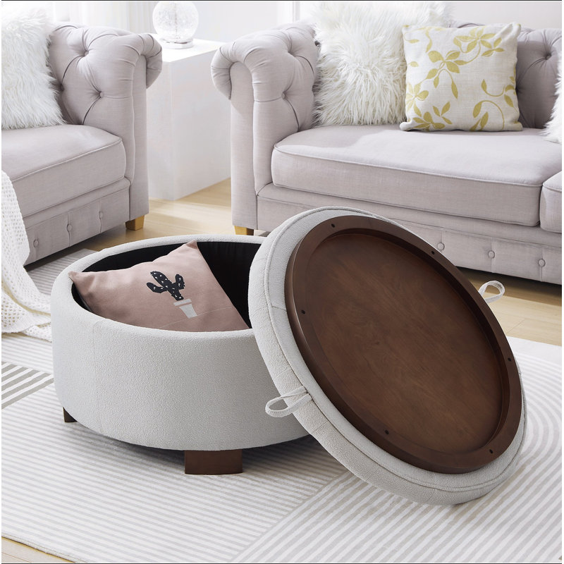 Repose-pieds rond avec couvercle réversible - Repose-pieds rembourré Boucle, Beige