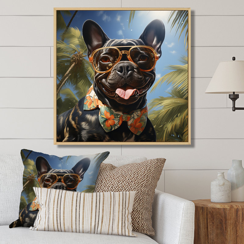 Mignon bouledogue français à Miami III - chien, art mural, Cadre flottant brun, H 30 po x l 30 po x P 1,5 po