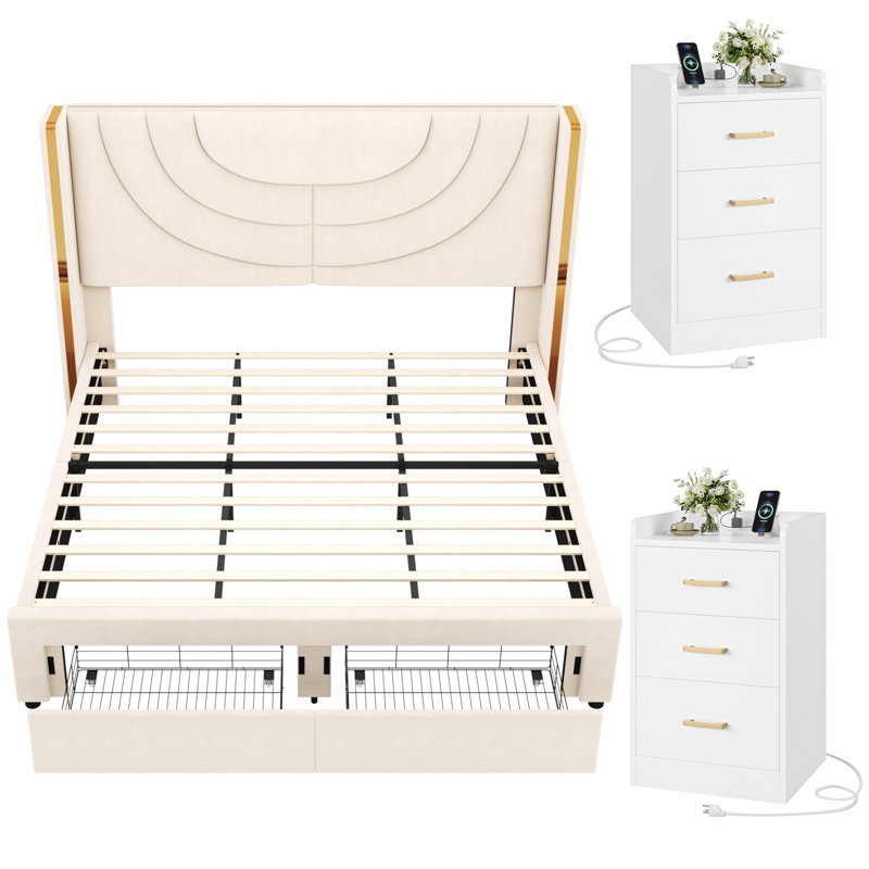 3 Piece Modern Bedroom Set With LED Storage Bed & Charging Nightstands, Queen