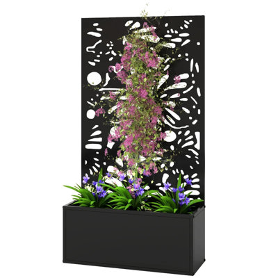 Elegant Metal Raised Planter With Butterfly Cut - Out Trellis, Wall Mount Or Freestanding Option, 7.7 Gallons Planting Area, Drainage For Optimal Plant Growth, 110 Lbs Load, Black Practical Garden