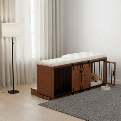 56" Furniture Style Dog Crate Bench with Sliding Barn Door, Removable Cushion, Walnut Dog Kennel
