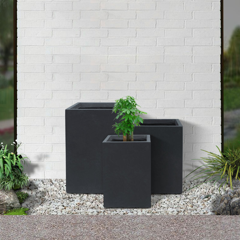 Charcoal Finish Concrete Tall Square Planter Set, 19", 16" and 13"H