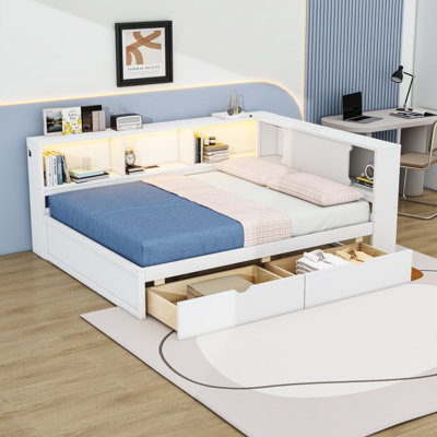 Queen Size Wood Daybed with LED Lighting and Built-In Storage, USB Charging Ports