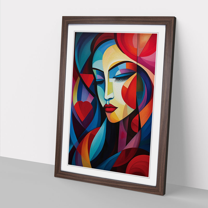 Love Heart Cubism - Single Picture Frame Print on Wood, Walnut Framed, 46cm H x 34cm W x 2cm D