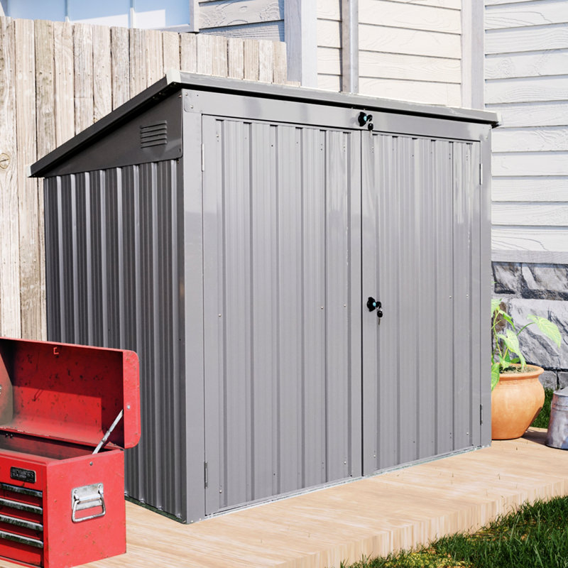 Galvanized Steel Metal Outdoor Bin Shed - 2 Trash Cans, Easy Assembly, Gray For Lawn Garbage Can Capacity, Lockable, Backyard Storage
