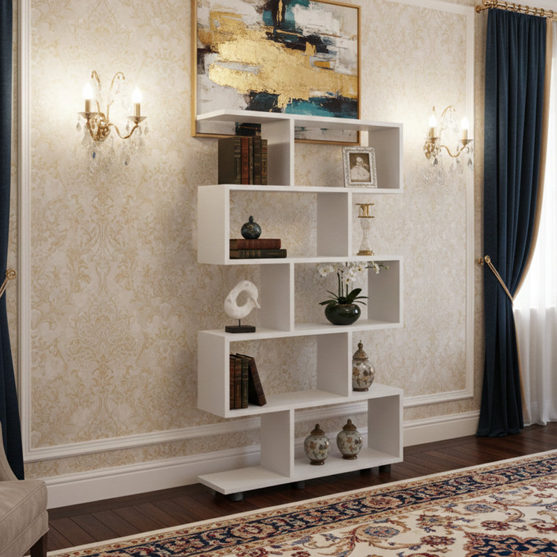 Geometric Minimalist 10 Shelves Bookcase, Porcelain