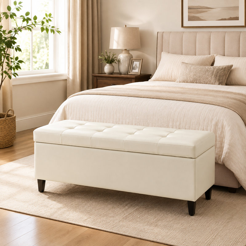 Banc de rangement rembourré en similicuir l 50,5 po, Blanc