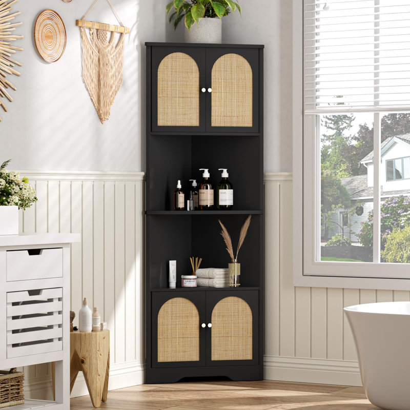 67''H Tall Corner Cabinet With Handmade Rattan Door, Black