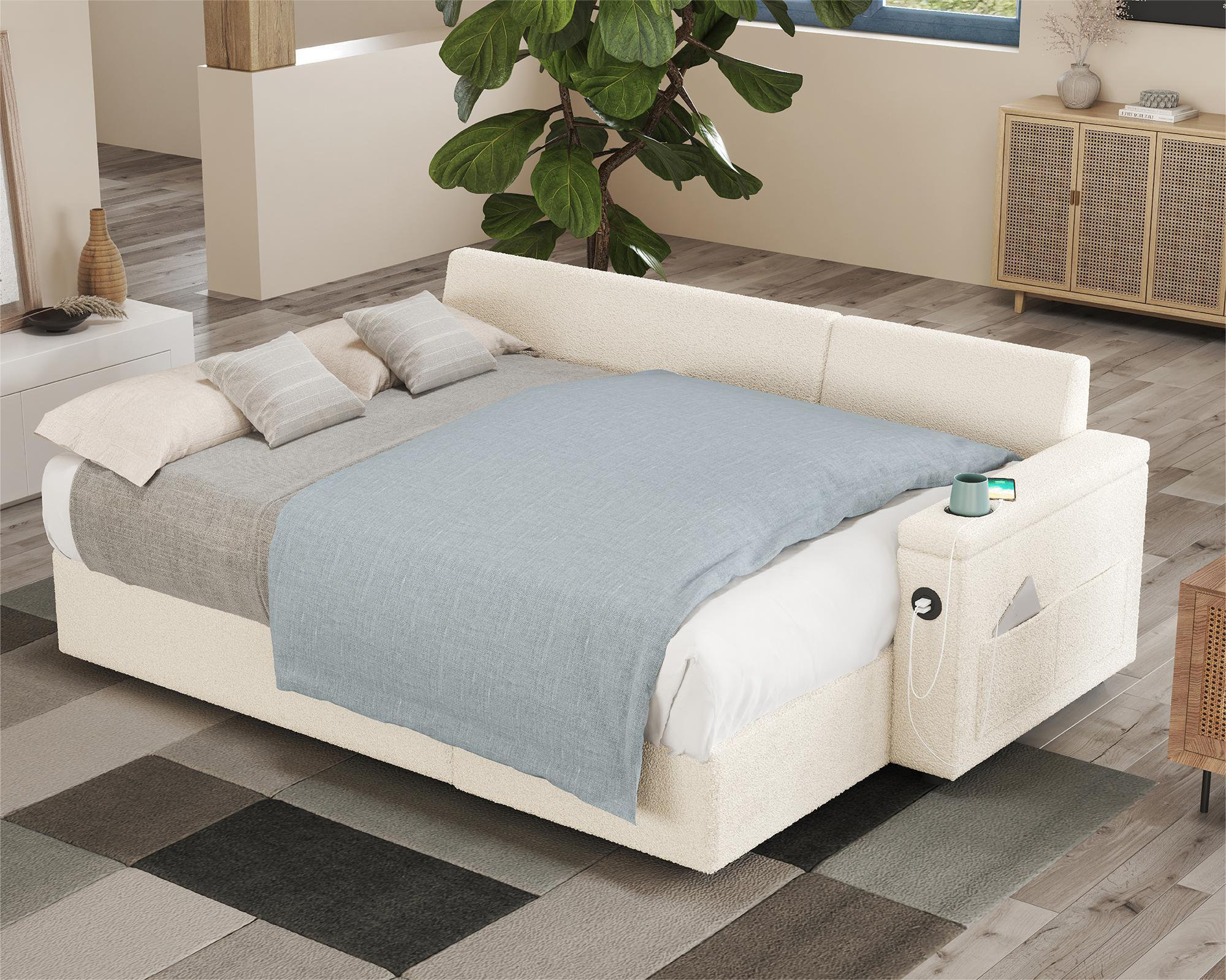 Sleeper Sofa Bed, 84 Inch Pull Out Couch With 2 USB & Cup Holders, Tufted L Shape Convertible Sofa With Storage Chaise