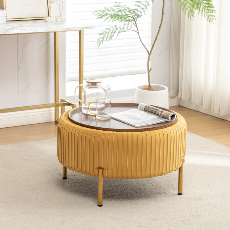 Miajah Upholstered Round Storage Ottoman, Yellow