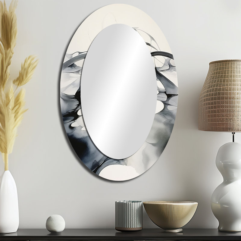 Abstrait abstrait neutre - Miroir décoratif abstrait ovale sur métal, 36 po x 24 po