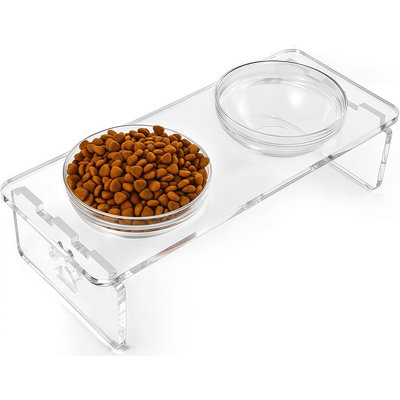 Clear Acrylic Elevated Pet Bowls With 4 Bowls (2 Glass + 2 Stainless Steel), 2 Height Options No-Assembly Raised Feeder Stand With Non-Slip Base For Small Dogs, Cats & Medium Dogs,14.2X5.9X3.7 Inch In Transparent