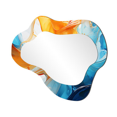 Orange orange, vagues bleues atteignant la plage II - miroir unique asymétrique à encre liquide, grand miroir mural orange, impression sur métal