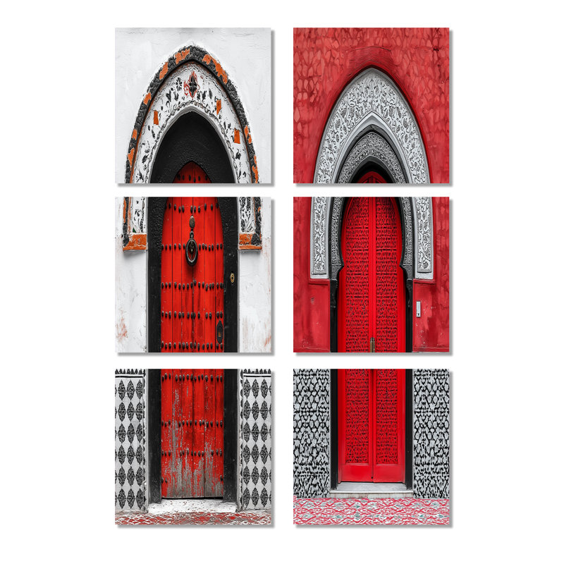 Porte marocaine dans des tons rouges et noirs - Ensemble de 6 reproductions d'art sur toile marocaine, Toile tendue