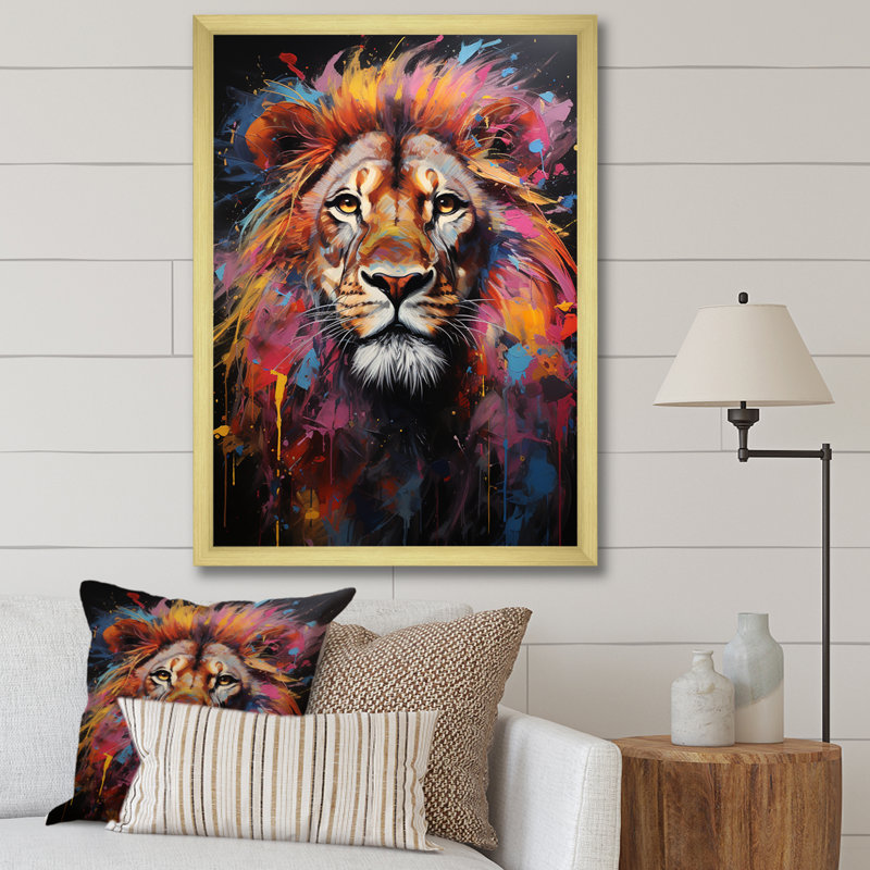 Lion Urban Wild Urban II sur toile, Encadrement doré, H 40 po x l 30 po x P 1,5 po