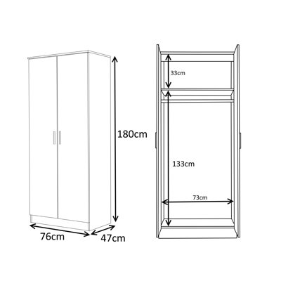 Eva High Gloss 2 Door Plain Wardrobe - H: 180cm x D: 47cm x W: 76cm