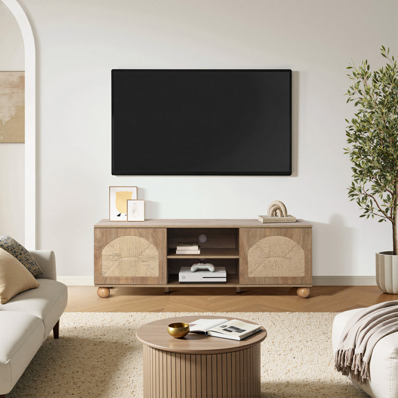 Meuble télé 55 po avec portes à panneaux tissés et pieds en bois pour téléviseurs de 60 po ou moins