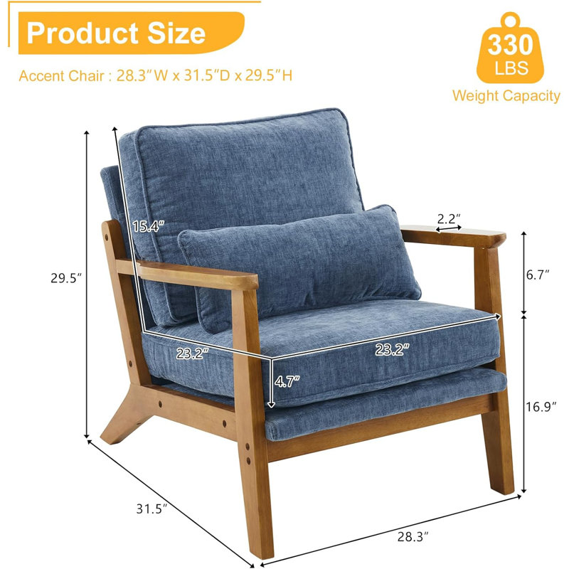 Fauteuil d'appoint Mid-Century avec accoudoirs lombaires Bruce, Chenille bleu cendré
