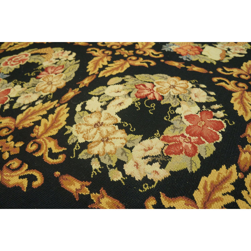 Vintage Needlepoint Chinese Floral, Geometric Rug